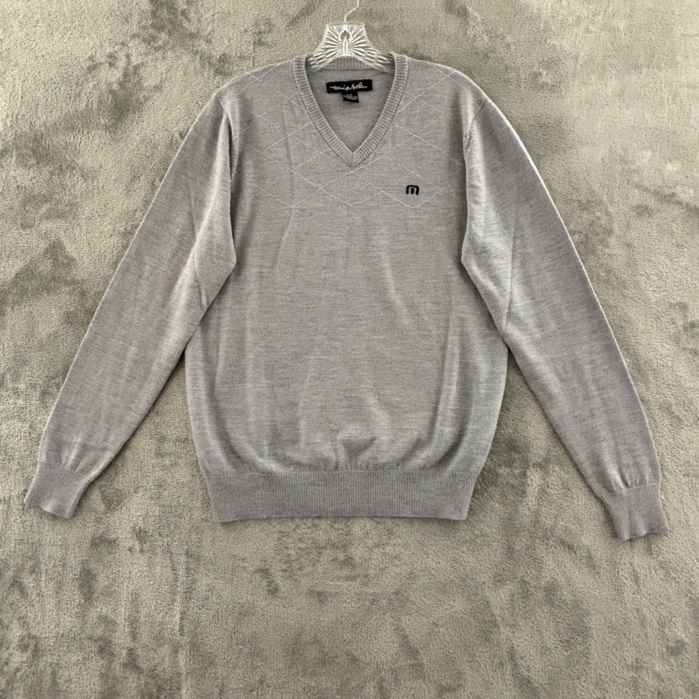 Travis Mathew Merino Wool V-Neck‎ Sweater Mens M Gray Stretch Knit Pullover